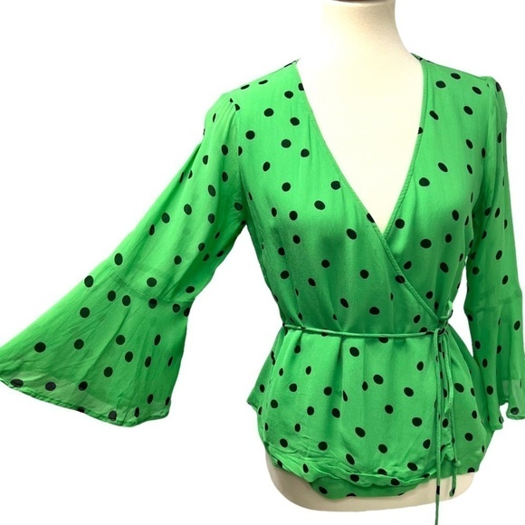 Ganni Dainty Georgette Green Polka Dot Bell Sleeve Wrap Top Women’s EU 36 - Picture 5 of 12